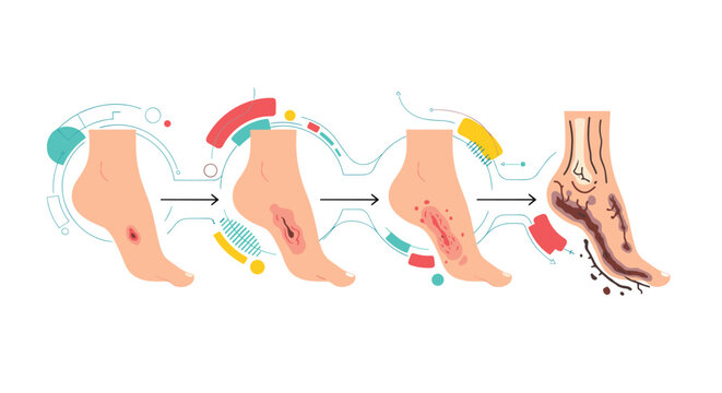 Sequential stages of a diabetic foot ulcer progression from a minor skin lesion to a severe infected wound with necrosis.