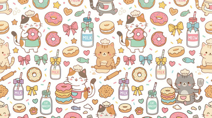 Lamas personalizadas con tu foto Cute Cats Baking Donuts Kawaii Cartoon Vector Art Seamless Pattern
