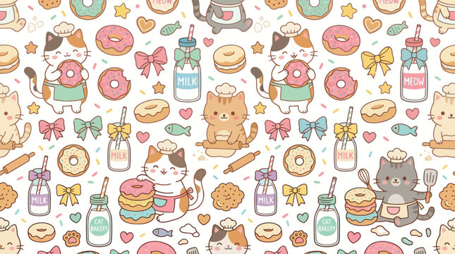 Cute Cats Baking Donuts Kawaii Cartoon Vector Art Seamless Pattern