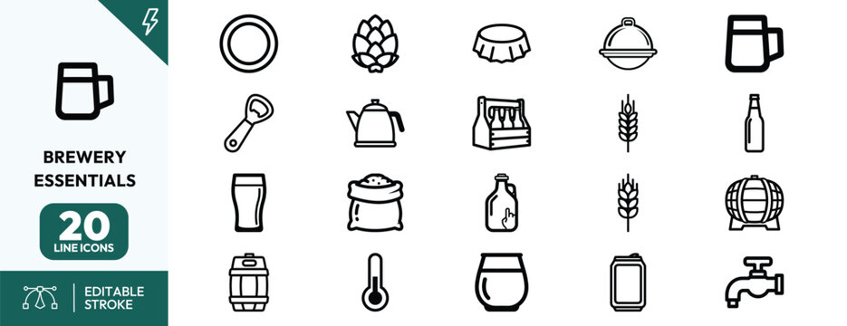 Brewery icons line art set for branding and marketing of craft beer equipment in monochrome style