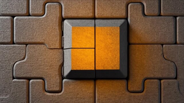 白背景で幾何学グリッドから構築される溶岩石のパズルと琥珀色ピースの点火タイムラプス