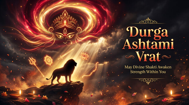 Majestic durga maa face radiating cosmic energy above a powerful lion standing on a cliff illuminated by divine sun rays and flickering diyas during durga ashtami vrat celebration