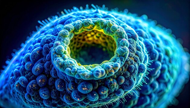Close-up of pollen grain surface with intricate texture and aperture under microscope