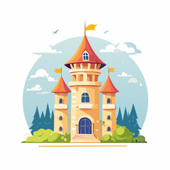 Fototapeta premium Cartoon Castle with Flags and Trees