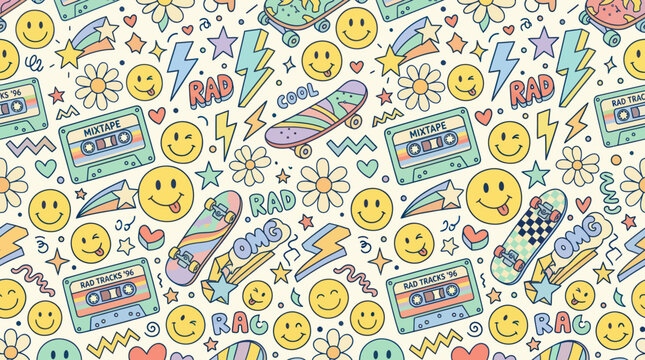 Retro 90s Doodle Pattern: Skateboards, Cassettes, Smileys, Flowers, Lightning Bolts