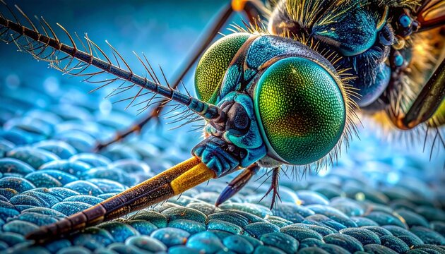 Close-up of mosquito proboscis piercing water surface with iridescent colors