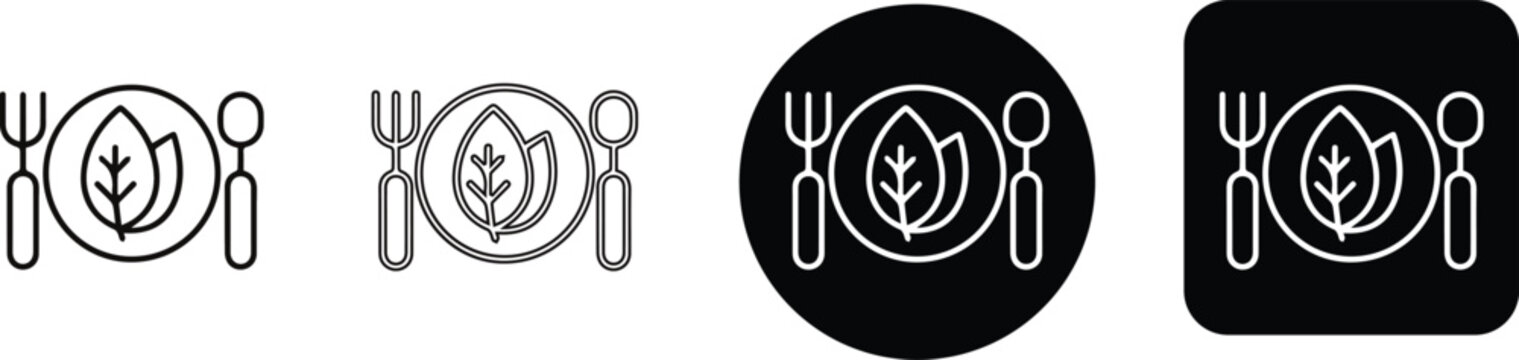 Healthy vegetarian dining icon set with plate fork spoon and leaves for eco restaurant and organic food layout