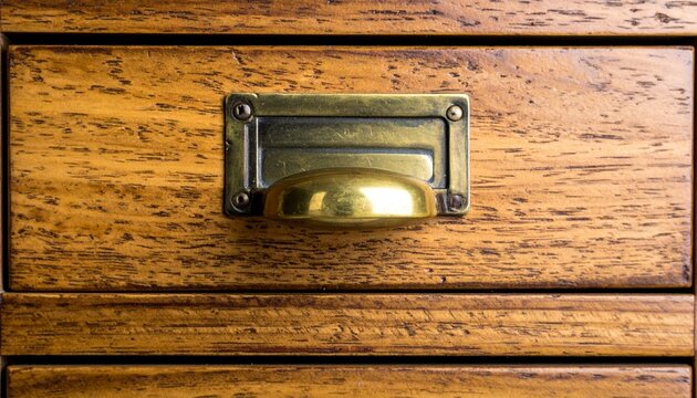Brass drawer pull on wooden cabinet close-up detail