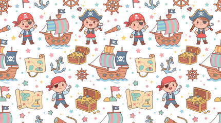 Fototapeta premium Cute Pirate Kids Pattern with Ships, Treasure Chests, Maps, Anchors, Wheels