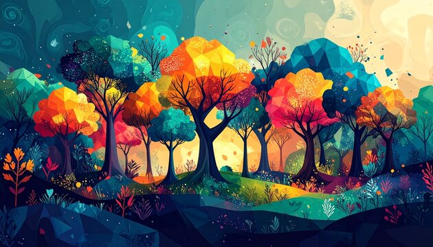 Vibrant autumn forest with glowing trees and mountainous landscape at dusk