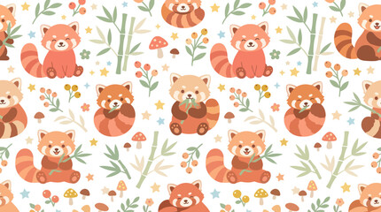 Fototapeta premium Cute Red Panda Seamless Pattern - Adorable Cartoon Flat Vector Illustration with Bamboo, Mushrooms, and Berries for Children