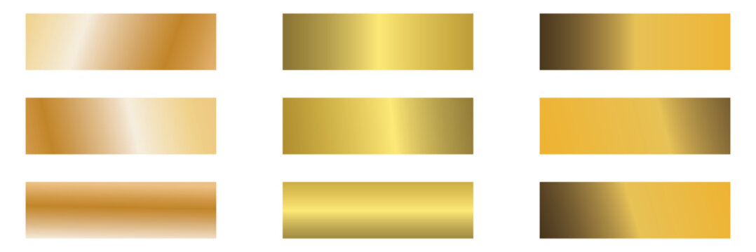 Gold gradients. Metal golden glossy foil frames, shiny yellow gold material shiny gradient backgrounds, luxury vibrant banner and premium labels design. Vector set 