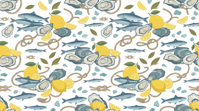 Flat Vector Seamless Seafood Pattern: Oysters, Fish, Lemons, Nautical Rope. Food  Restaurant Illustration