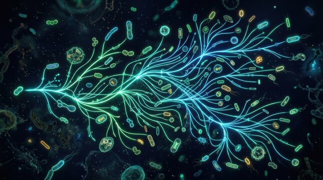 Pathway lines display complex interactions among microorganisms, showcasing genetic changes and evolutionary patterns in a microscopic setting.