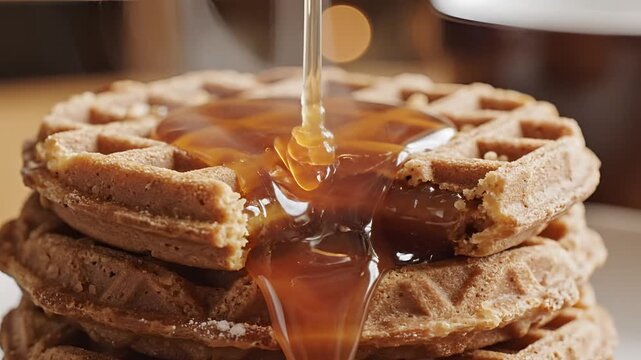 Delicious Stack of Waffles Being Drizzled with Golden Syrup.