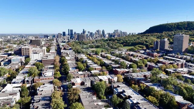 Aerial view of Montreal skyline and Mount Royal Park on a sunny autumn day in Quebec, Canada. g.