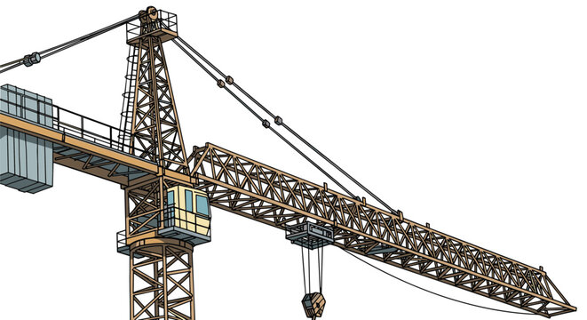 Detailed view of a construction tower crane shows its intricate lattice structure and operator cab on a white background.