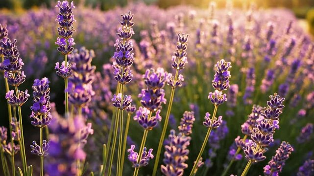 Lavender field at sunset, gentle breeze rustling purple flowers, warm golden sunlight, serene natural beauty, aromatherapy and relaxation concept