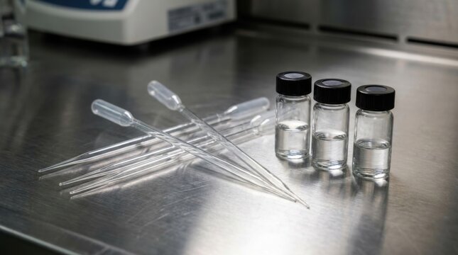 Disposable plastic Pasteur transfer pipettes with finely drawn tips placed alongside three small glass sample vials containing clear liquid on a stainless steel laboratory workbench.