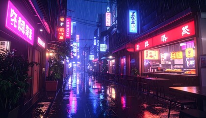 Fototapeta premium Neon-lit urban alley with glowing signage and reflections on wet pavement at night