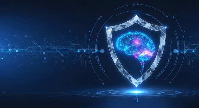 Digital brain protected by a glowing shield, symbolizing advanced AI cybersecurity and data integrity in a high-tech environment with a futuristic blue background