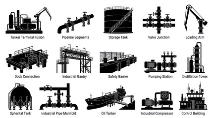 Obraz premium Oil and Gas Industry Equipment Icons: Black and White Vector Illustrations
