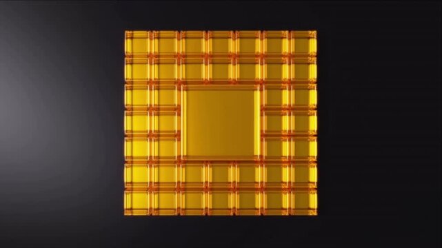黒背景に構築される樹脂製ブロックパズルと黄金に発光するセンターピース