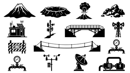 Obraz premium Black and White Glyph Icons: Volcano, Bridge, Power Station, Equipment, Nature Icons