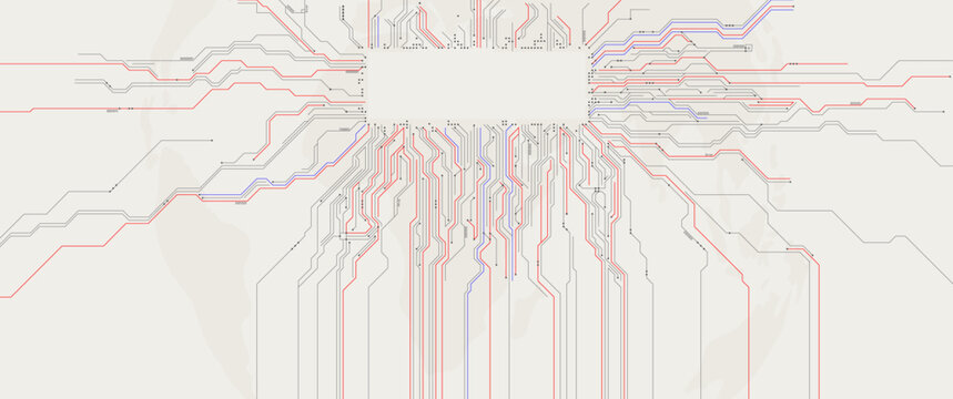 Colorful circuit board pattern with red, blue and gray digital pathways radiating from central microchip processor on beige background for AI and technology concept