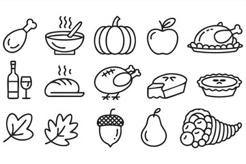 Autumn feast outline illustration set with turkey pie pumpkin apple pear acorn and cornucopia © Icon Nest