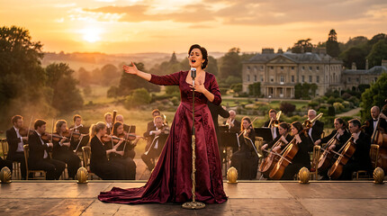 Fototapeta premium Soprano sings dramatically with orchestra at sunset outside mansion