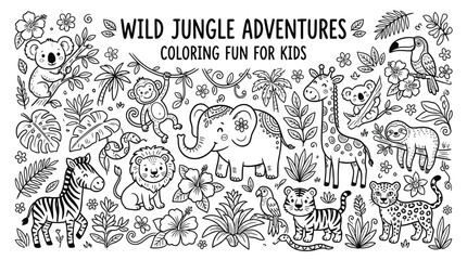 Naklejka premium Detailed black and white coloring page featuring a collection of cute jungle animals including an elephant giraffe lion monkey and zebra for children to enjoy creative artistic expression and fun