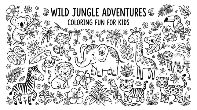 Detailed black and white coloring page featuring a collection of cute jungle animals including an elephant giraffe lion monkey and zebra for children to enjoy creative artistic expression and fun