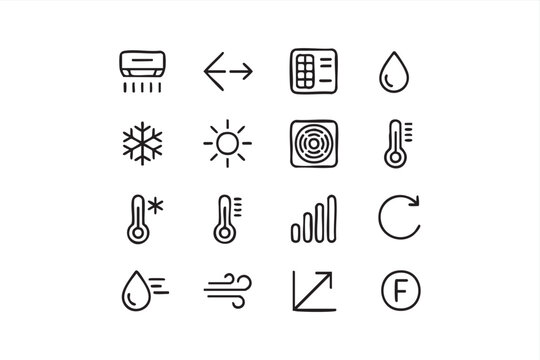 Air conditioning line icon set for cooling systems airflow filters humidity and home comfort