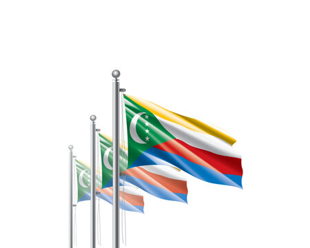 Brightly shining Comoros flags wave proudly on tall masts during official celebration events