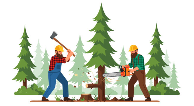 Two lumberjacks working together to cut down a tree in a forest with vector illustration