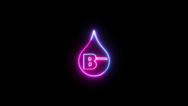 Neon glowing B negative blood type drop on black background, medical concept