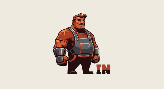 Pixel art muscular man in industrial overalls illustration