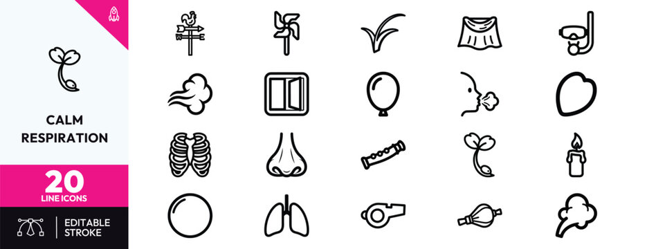Breathing exercise icons line art set calm respiration symbols for wellness apps education posters and mindfulness branding