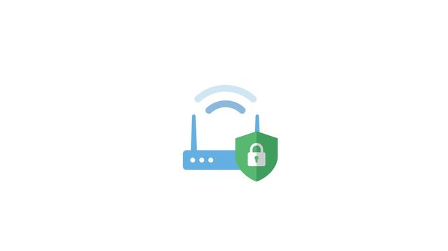 Router icon with a shield symbol represents secure wireless network connections for modern homes and offices.