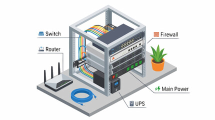 Computer network server rack with connected devices and labels. © AAN