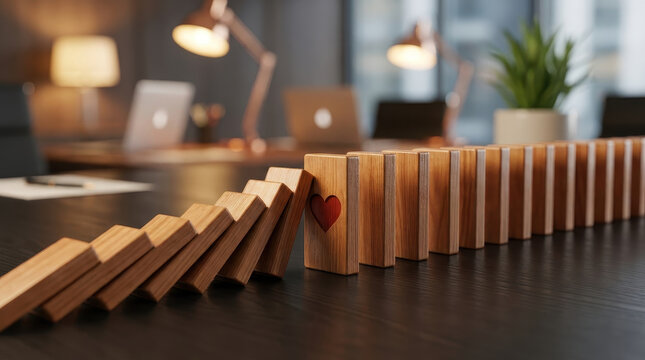 Wooden domino with heart symbol stopping falling dominoes on office table representing mental health support in workplace environment with blurred background