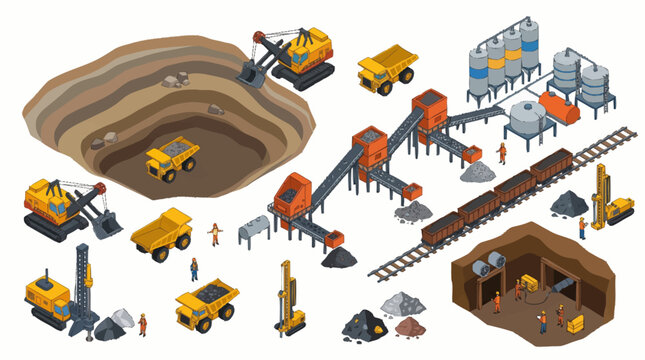 Mining Industry Equipment and Operations Isometric Illustration.