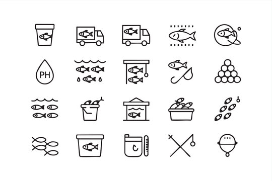 Aquaculture fish farming icons with seafood tanks feed pellets pH testing and delivery truck vector