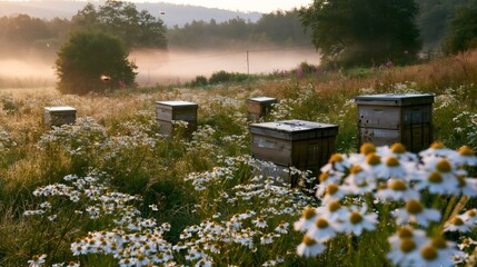 Naklejka premium Wooden beehives standing in daisy meadow at sunrise