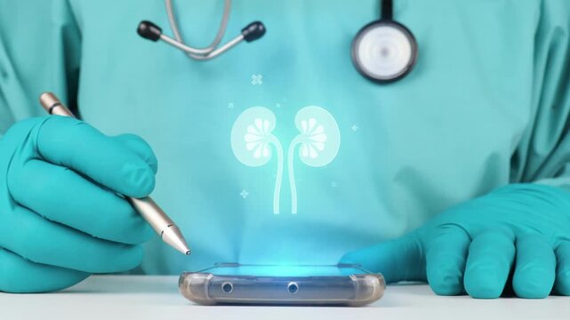 Doctor uses smartphone with digital kidney interface for detection and monitoring of chronic kidney disease through medical scanning, modern digital health ecosystem