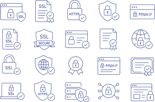 SSL certificate security icon set https lock verified website encryption minimalist line vector