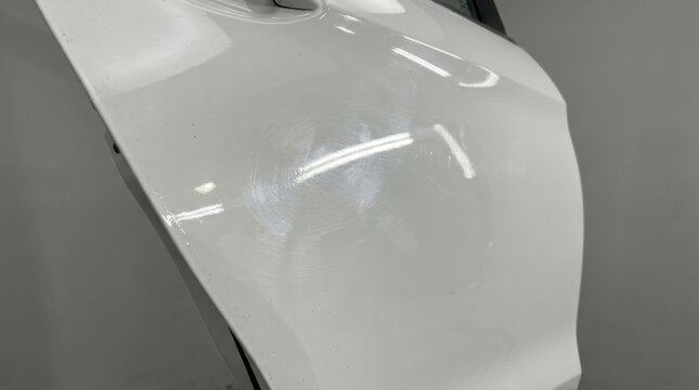 Detailed view of circular swirl marks and fine scratches on a glossy white car door panel under bright indoor garage lighting, highlighting paint defects that require professional detailing.