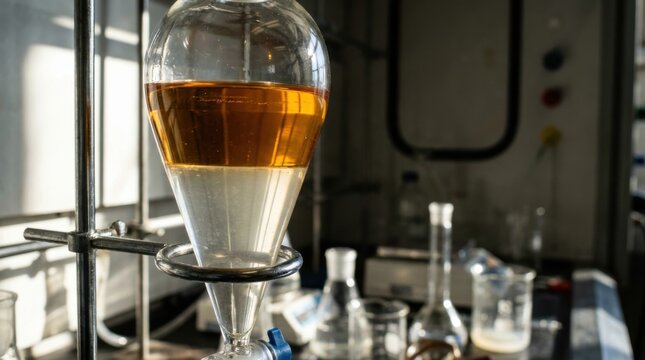 A glass separatory funnel holding two immiscible liquids, a golden organic top layer and a clear aqueous bottom layer, during a chemical extraction in a laboratory workspace.