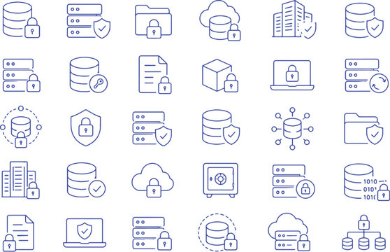 Secure data storage icons database protection server encryption digital storage minimalist vector